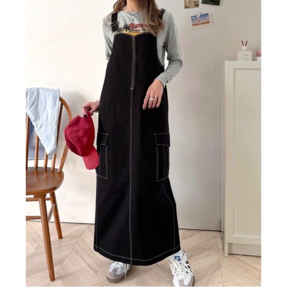 Classical Elf Cargo Overall Dress sz One Size Black relaxed utility 90s retro